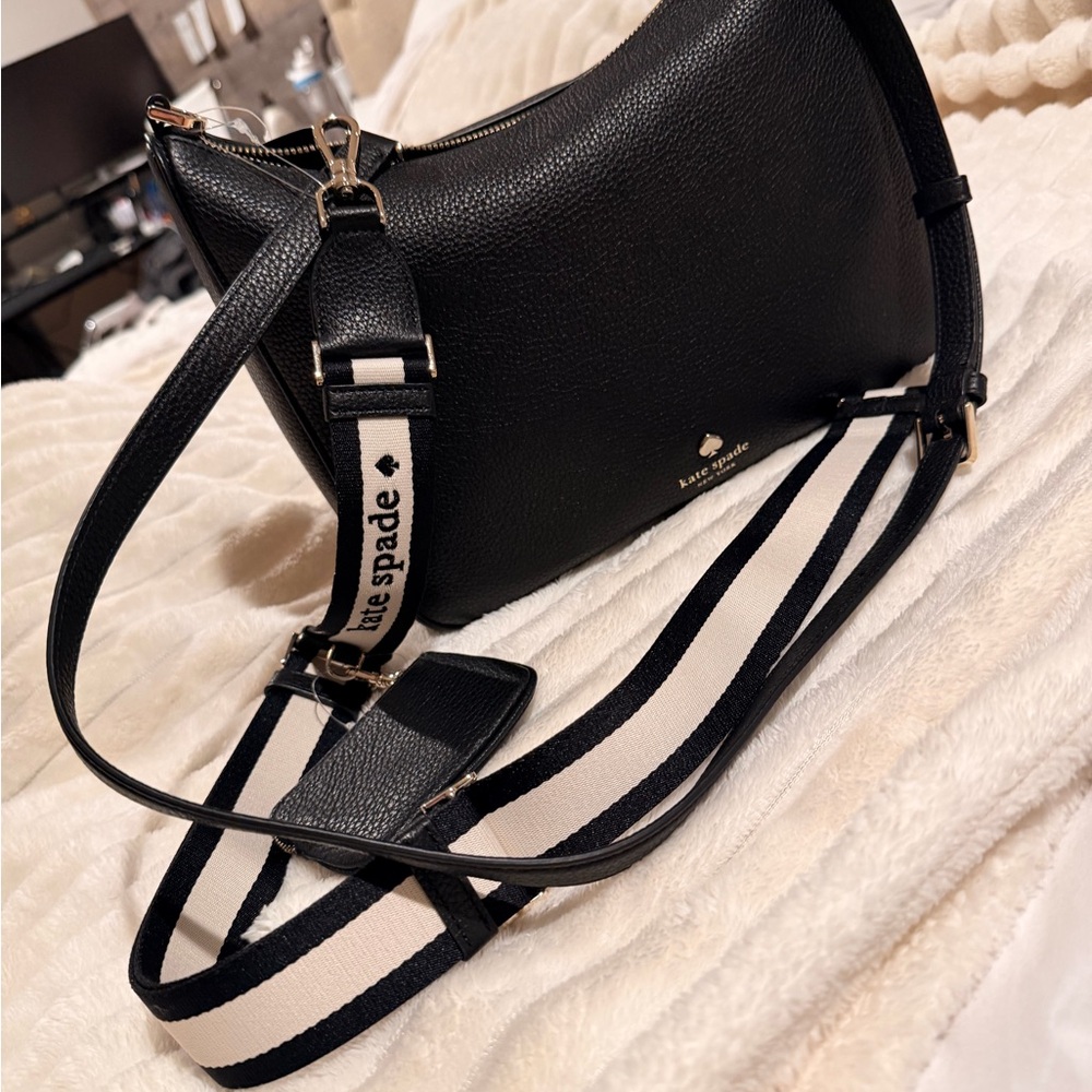 Kate Spade Black Emma L Crossbody Bag with Striped Strap and Black Strap
